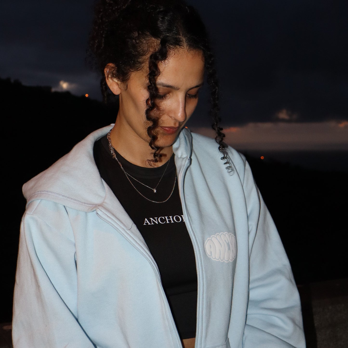 ANCHOR PUFF PRINT ZIP HOODIE BABY BLUE