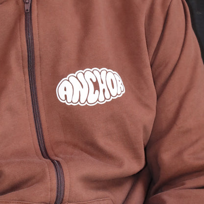 ANCHOR PUFF PRINT ZIP HOODIE BROWN
