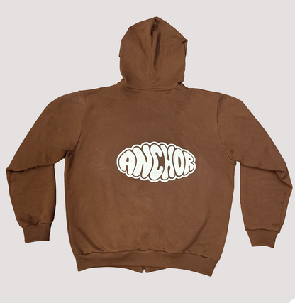 ANCHOR PUFF PRINT ZIP HOODIE BROWN