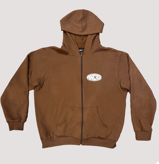 ANCHOR PUFF PRINT ZIP HOODIE BROWN